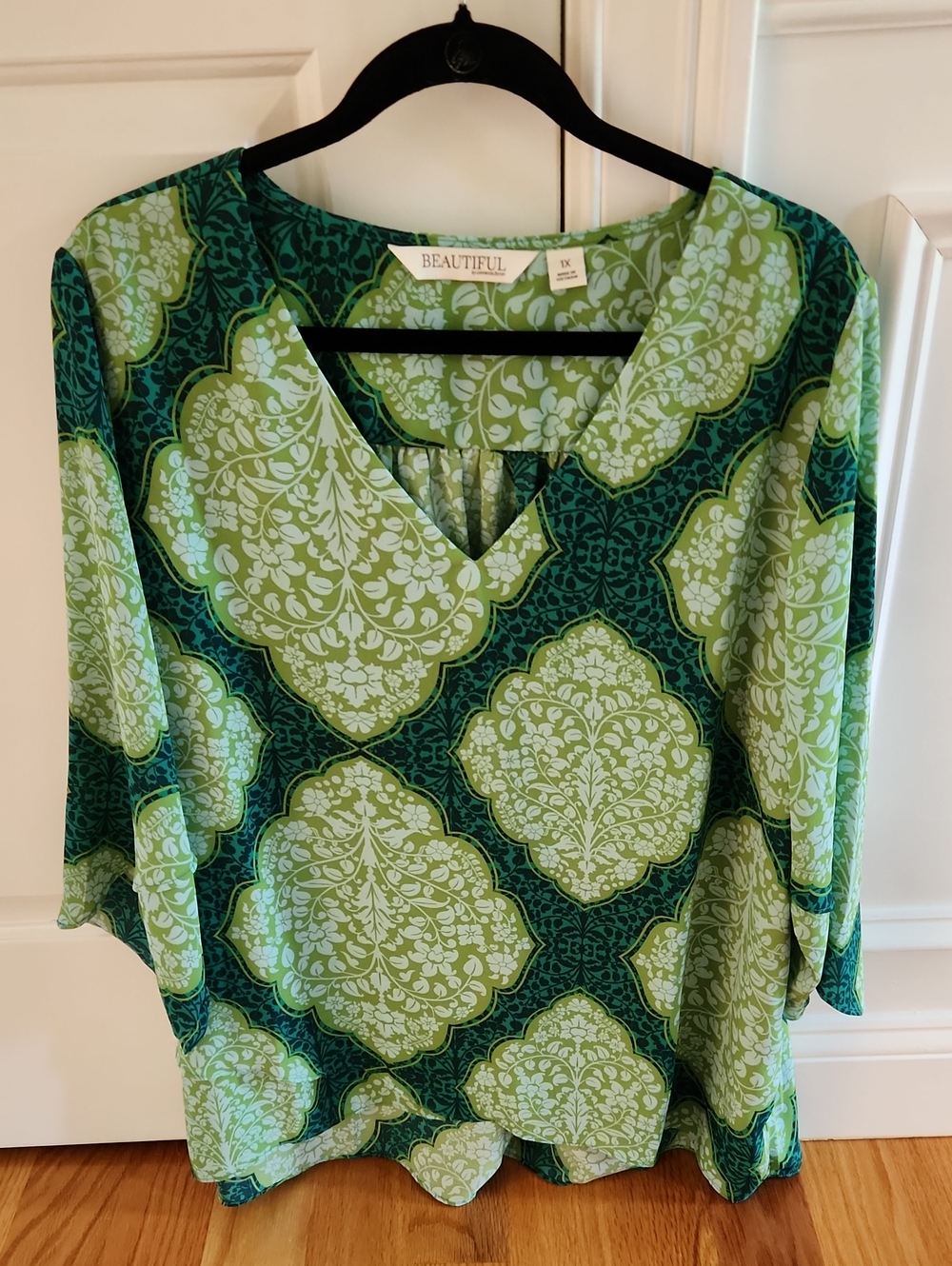 Beautiful By Laurence Zarin, Green Patterned Blouse, Sz 1X